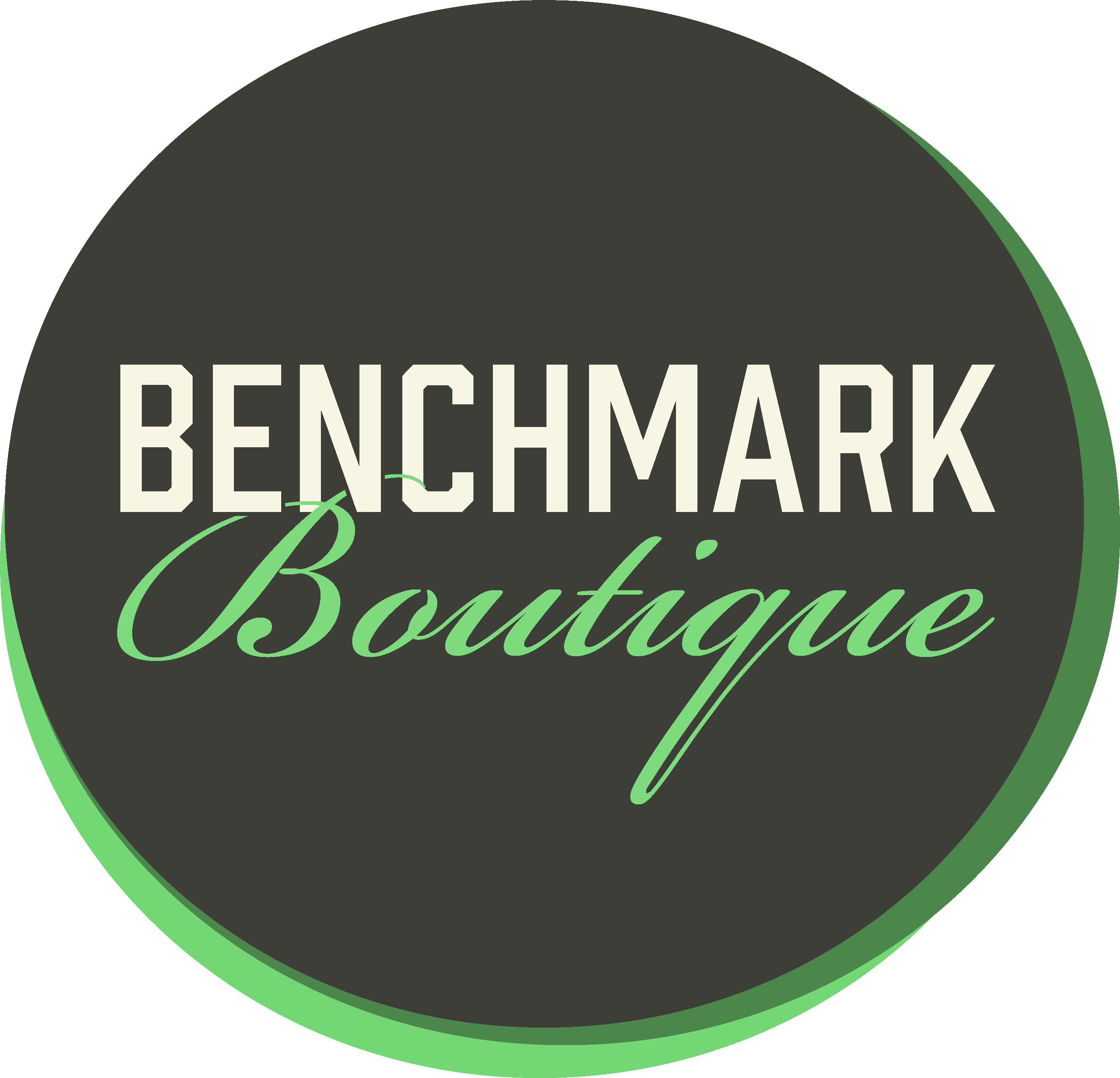 Benchmark Boutique Logo a black circle with Benchmark written in cream color block letters; below the work benchmark is Boutique in a lime green script with the B intertwining with the B of Boutique.