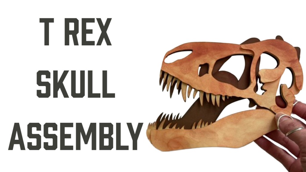 Reads "T rex Skull Assembly" with a photo of a T rex Skull Fossil craft made of card stock.