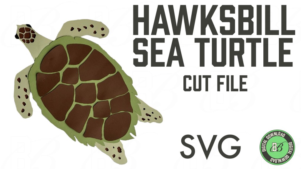Reads "Hawksbill Sea Turtle Cut File  SVG" with a photo of a Hawksbill Sea Turtle craft made of card stock.