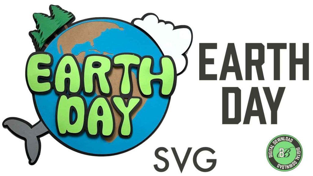Reads "Earth Day  SVG" with a photo of  an Earth Day craft made of card stock that shows a globe with accents of trees, clouds, and a whale tail with the words "Earth Day" in front.
